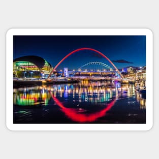 Famous newcastle Gateshead quayside bridges lit up . Sticker